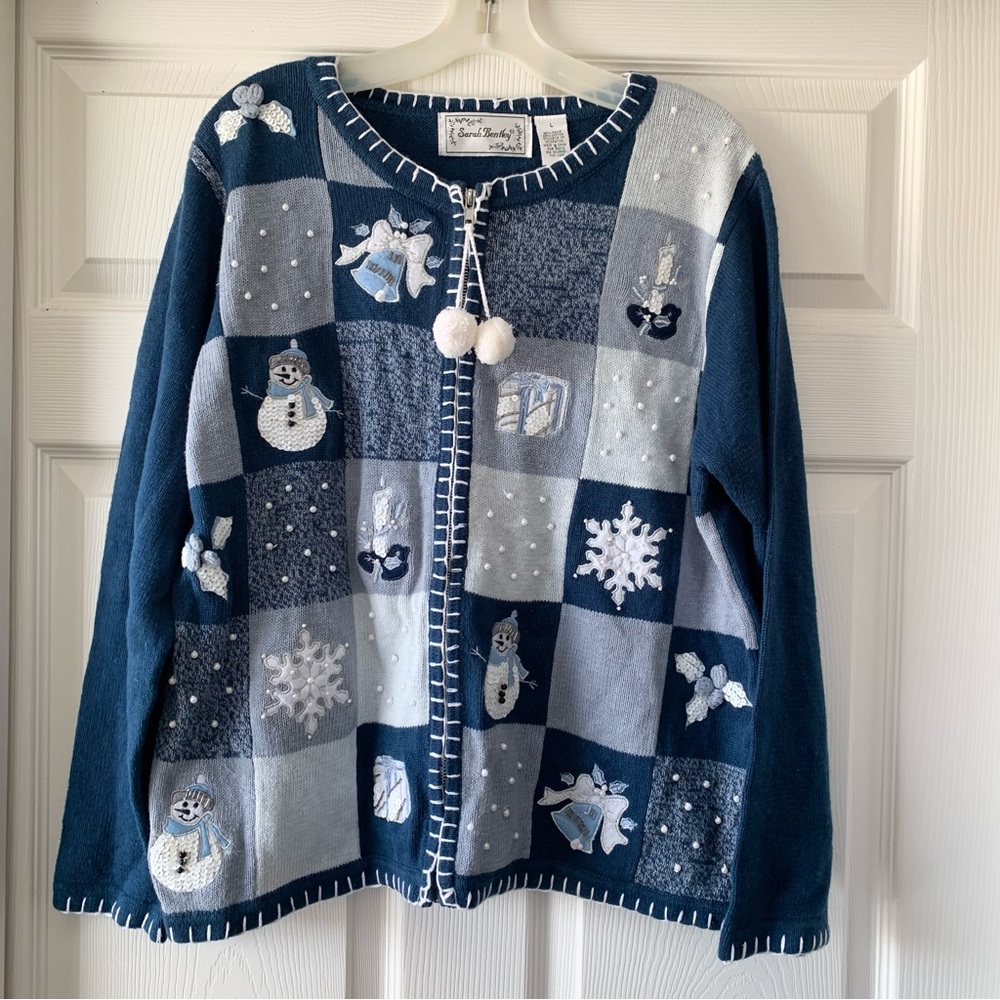 Sarah Bentley Blue Christmas/Holiday Cardigan Sweater, Zip-Up, L